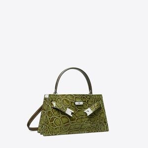 Tory Burch Olive Green Croc Embossed Petite Lee Radziwell Handbag